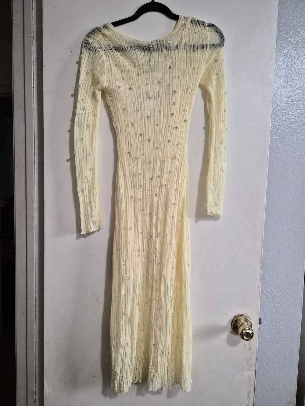 Zara Pale Yellow Beaded Rib-Knit Long Sleeve Maxi Dress